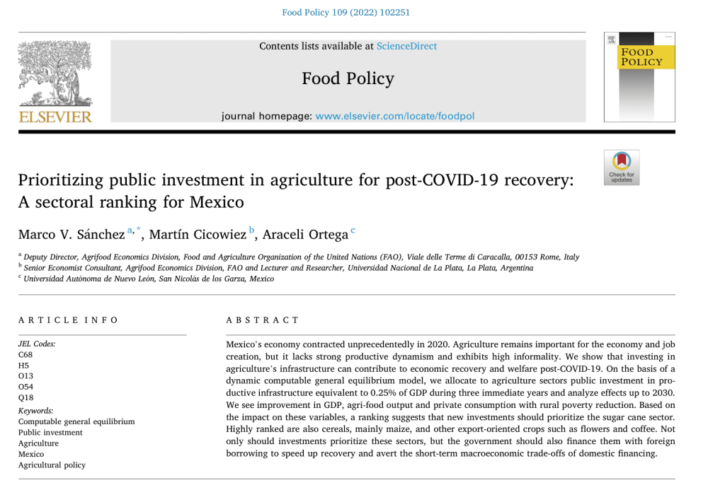 Prioritizing public investment in agriculture for post-COVID-19 recovery: A sectoral ranking for Mexico