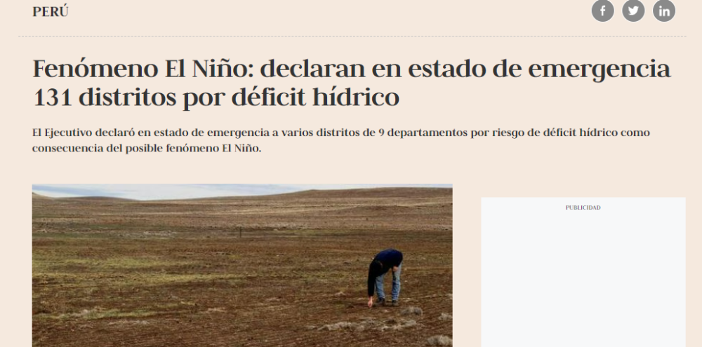 131 districts of Peru are declared in a state of emergency due to water deficit