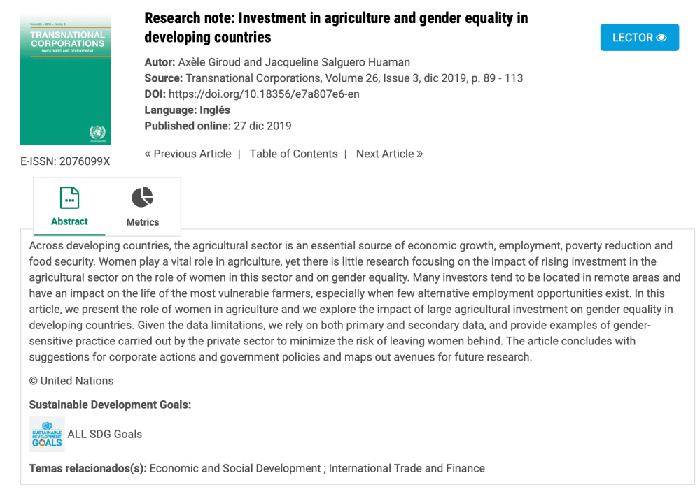 Investment in agriculture and gender equality in developing countries