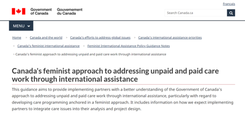 Canada's feminist approach to addressing unpaid and paid care work through international assistance