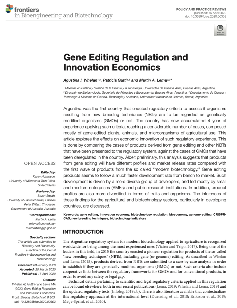 Gene Editing Regulation and Innovation Economics