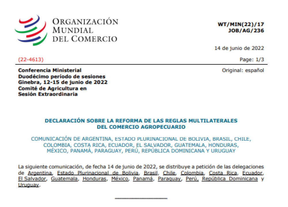 Declaración conjunta sobre la reforma de las reglas multilaterales del comercio agropecuario