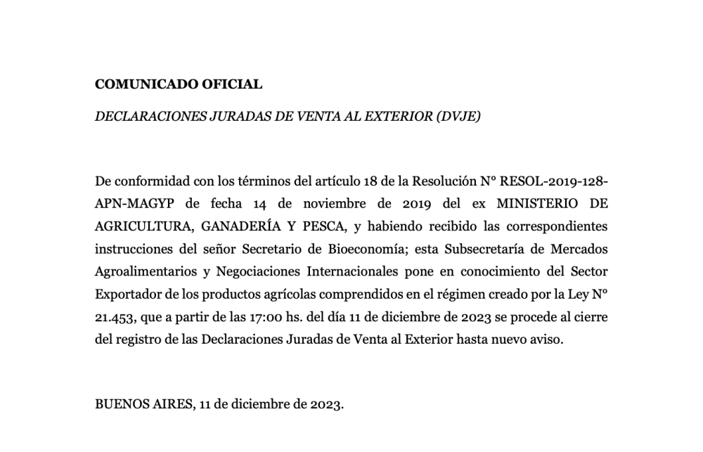 Cierre de Registro de Declaraciones Juradas de Venta al Exterior