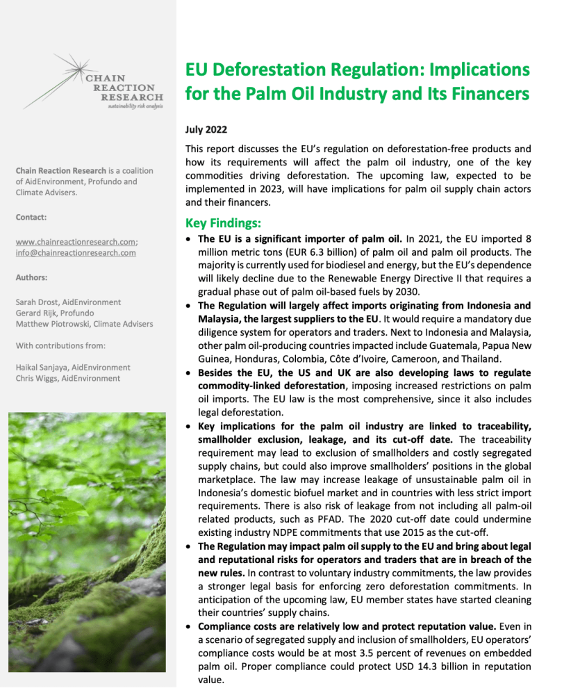 EU Deforestation Regulation: Implications for the Palm Oil Industry and Its Financers