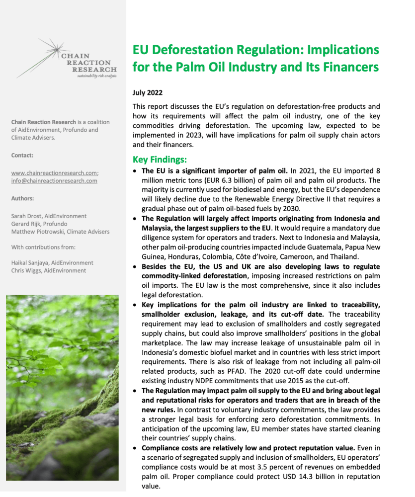 Reglamento de la UE sobre deforestación: Implicaciones para la industria del aceite de palma y sus financiadores