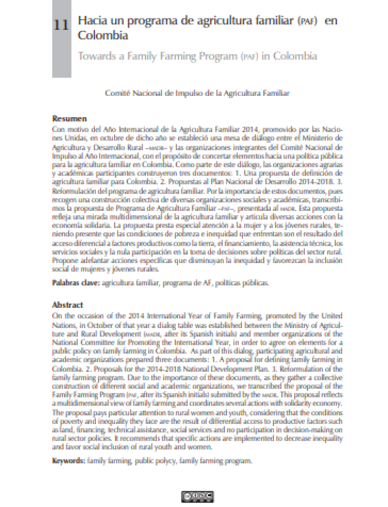 Towards a Family Farming Program (PAF) in Colombia