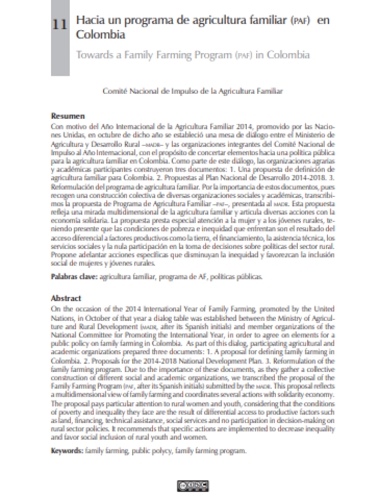 Hacia un programa de agricultura familiar (PAF) en Colombia
