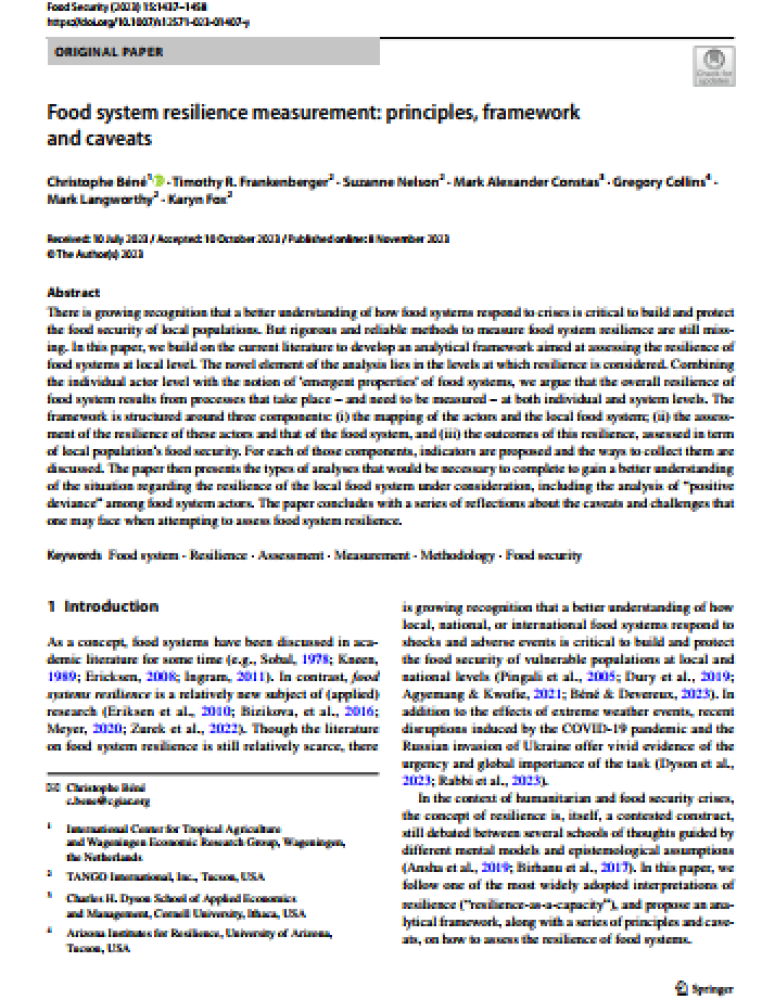Food system resilience measurement: principles, framework and caveats
