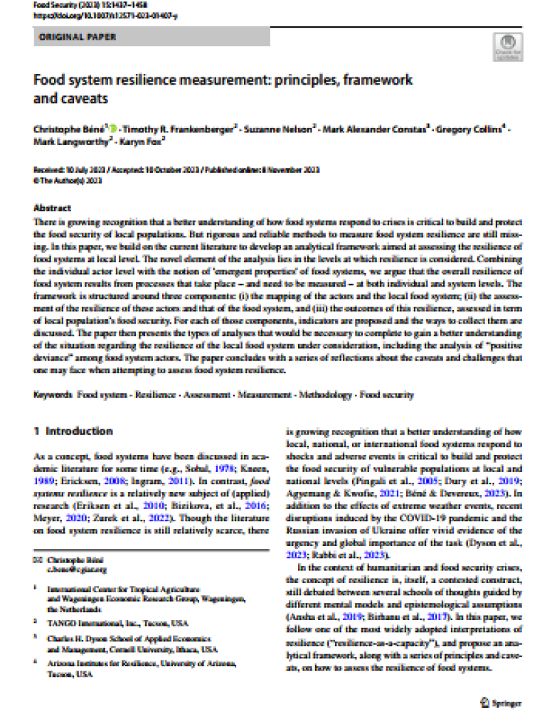 Medición de la resiliencia del sistema alimentario: principios, marco de referencia y advertencias