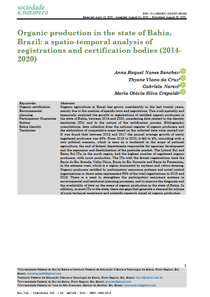 Organic production in the state of Bahia, Brazil: a spatial-temporal analysis of registries and certification bodies (2014-2020).