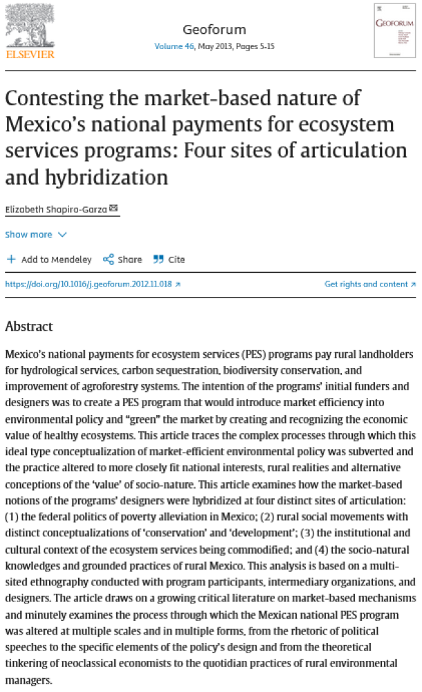 Cuestionando la naturaleza basada en el mercado de los programas nacionales de pagos por servicios ecosistémicos de México: Cuatro sitios de articulación e hibridación