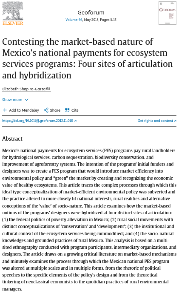 Contesting the market-based nature of Mexico’s national payments for ecosystem services programs: Four sites of articulation and hybridization