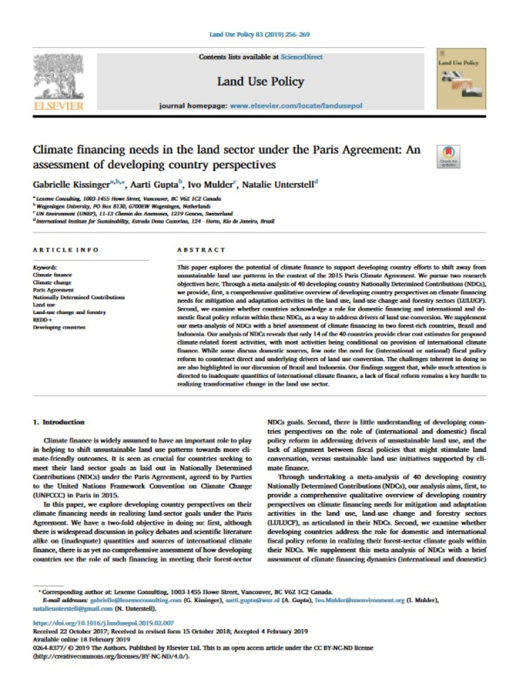 Climate financing needs in the land sector under the Paris Agreement: An assessment of developing country perspectives