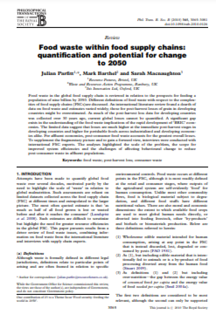 Food waste in food supply chains: quantification and potential for change to 2050