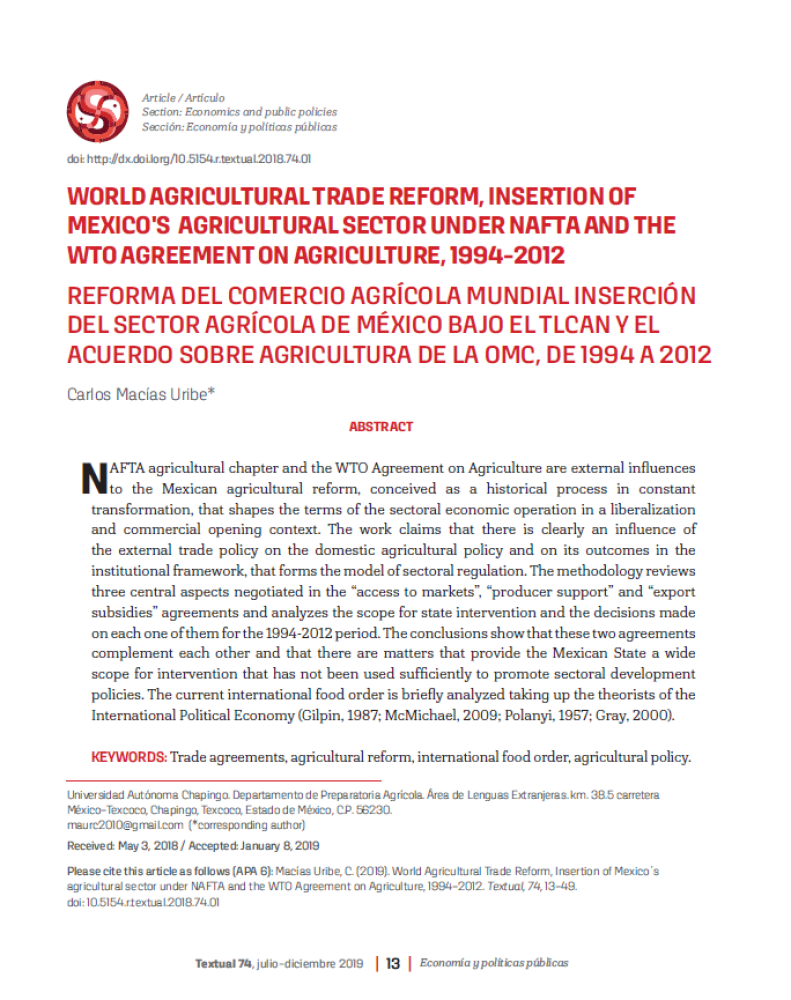 Reforma del comercio agrícola mundial inserción del sector agrícola de México bajo el TLCAN y el Acuerdo sobre Agricultura de la OMC, de 1994 a 2012