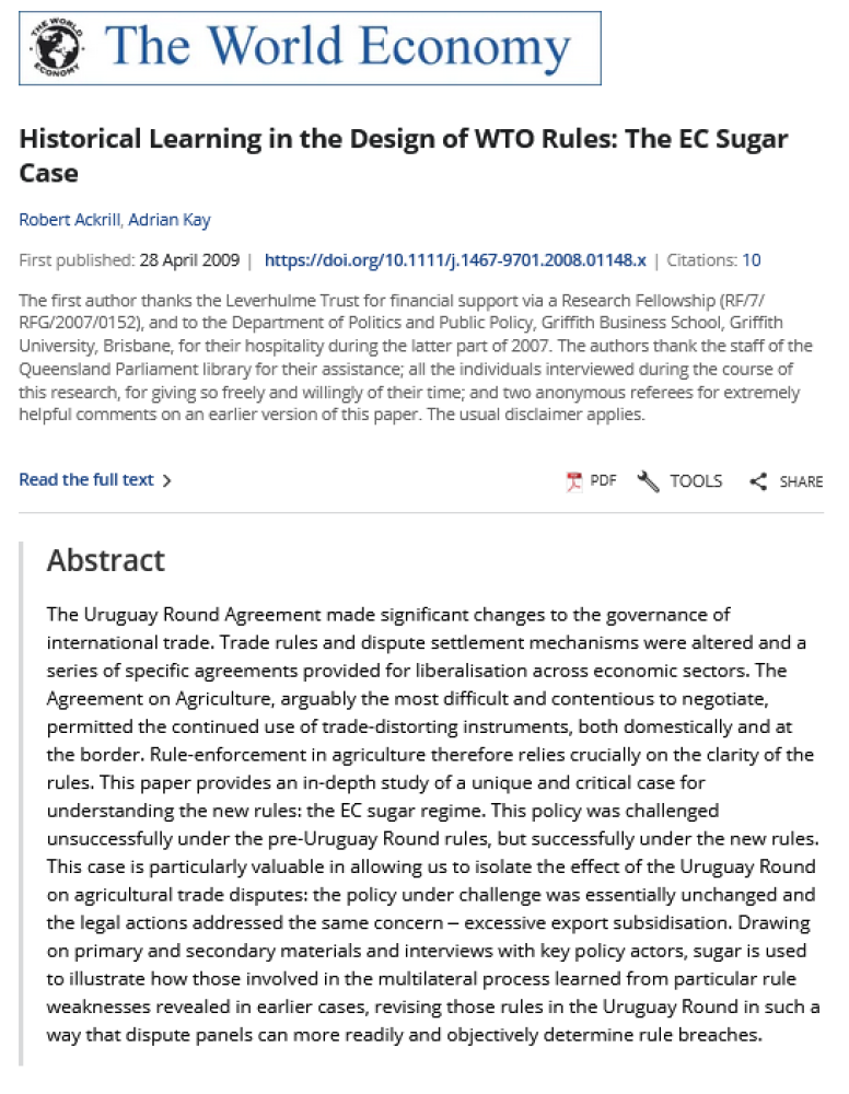 Historical Learning in the Design of WTO Rules: The EC Sugar Case