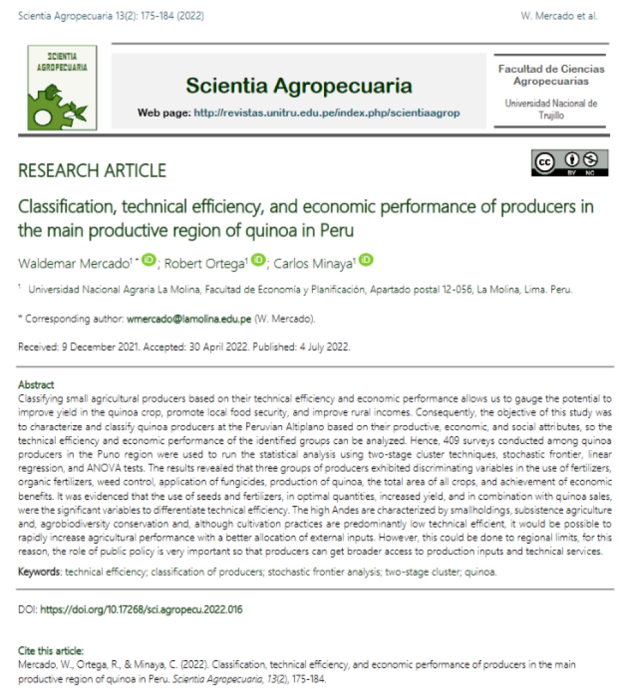 Clasificación, eficiencia técnica y rendimiento económico de los productores en la principal región productiva de quinua en Perú