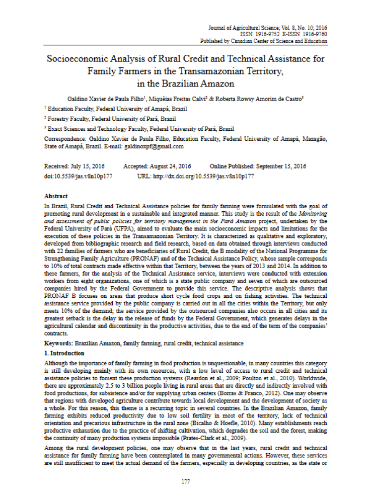 Socioeconomic Analysis of Rural Credit and Technical Assistance for Family Farmers in the Transamazonian Territory, in the Brazilian Amazon