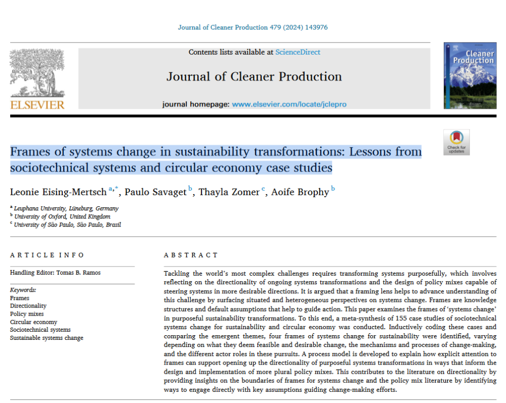 Frames of systems change in sustainability transformations: Lessons from sociotechnical systems and circular economy case studies