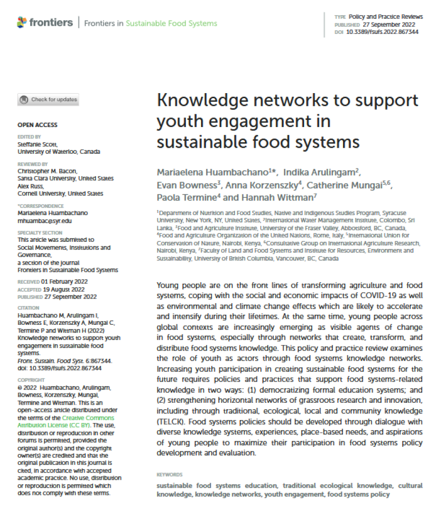 Knowledge networks to support youth engagement in sustainable food systems