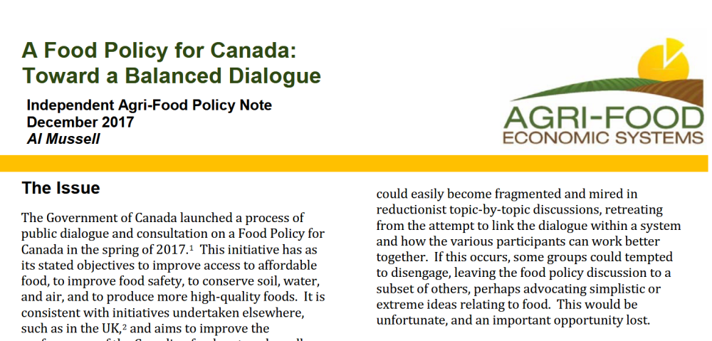 A Food Policy for Canada: Toward a Balanced Dialogue