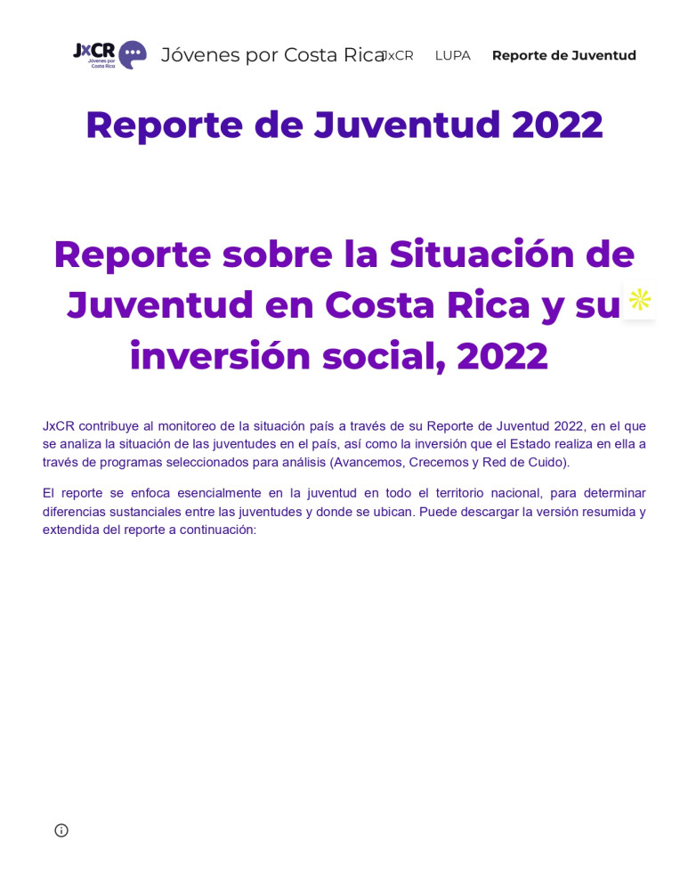 Juventud en Costa Rica y la inversión social en ella, 2022