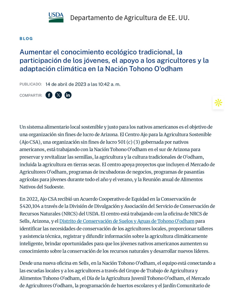 Aumento del conocimiento ecológico tradicional, la participación de los jóvenes, el apoyo a los agricultores y la adaptación al clima en la nación Tohono O’odham