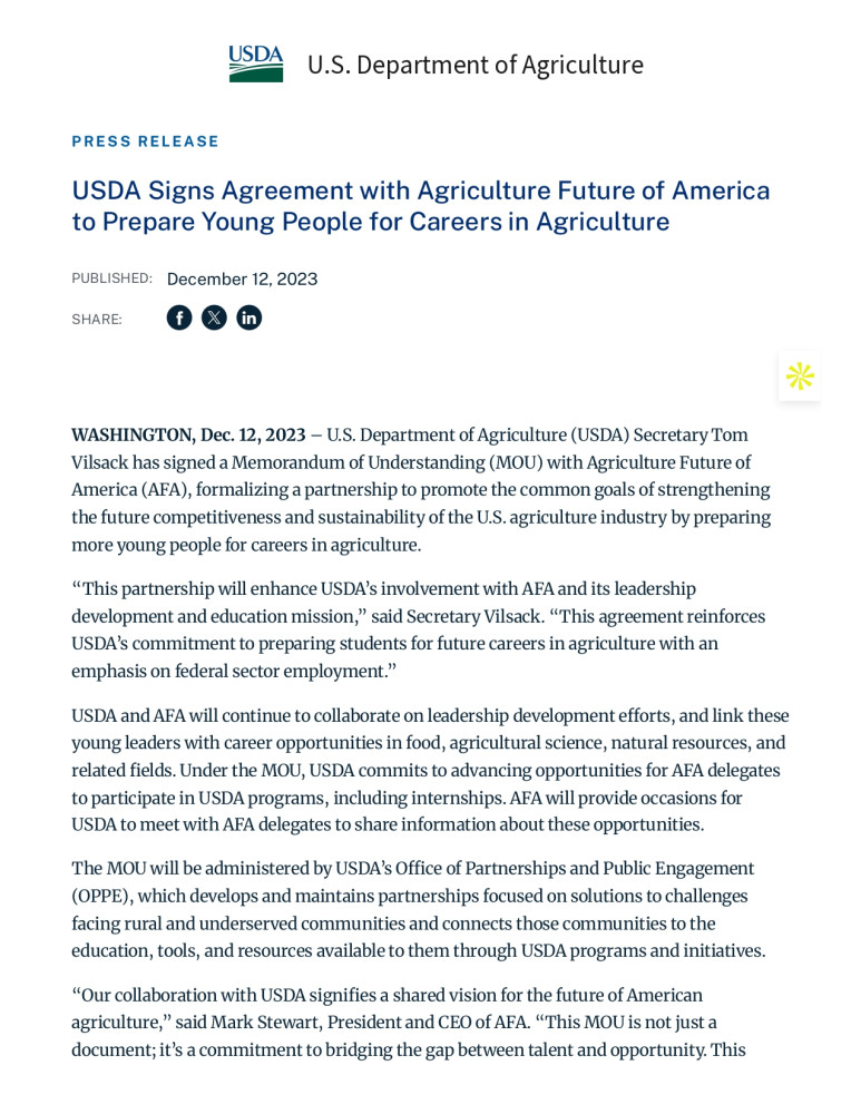 El USDA firma acuerdo con Agriculture Future of America para preparar a jóvenes para carreras en agricultura
