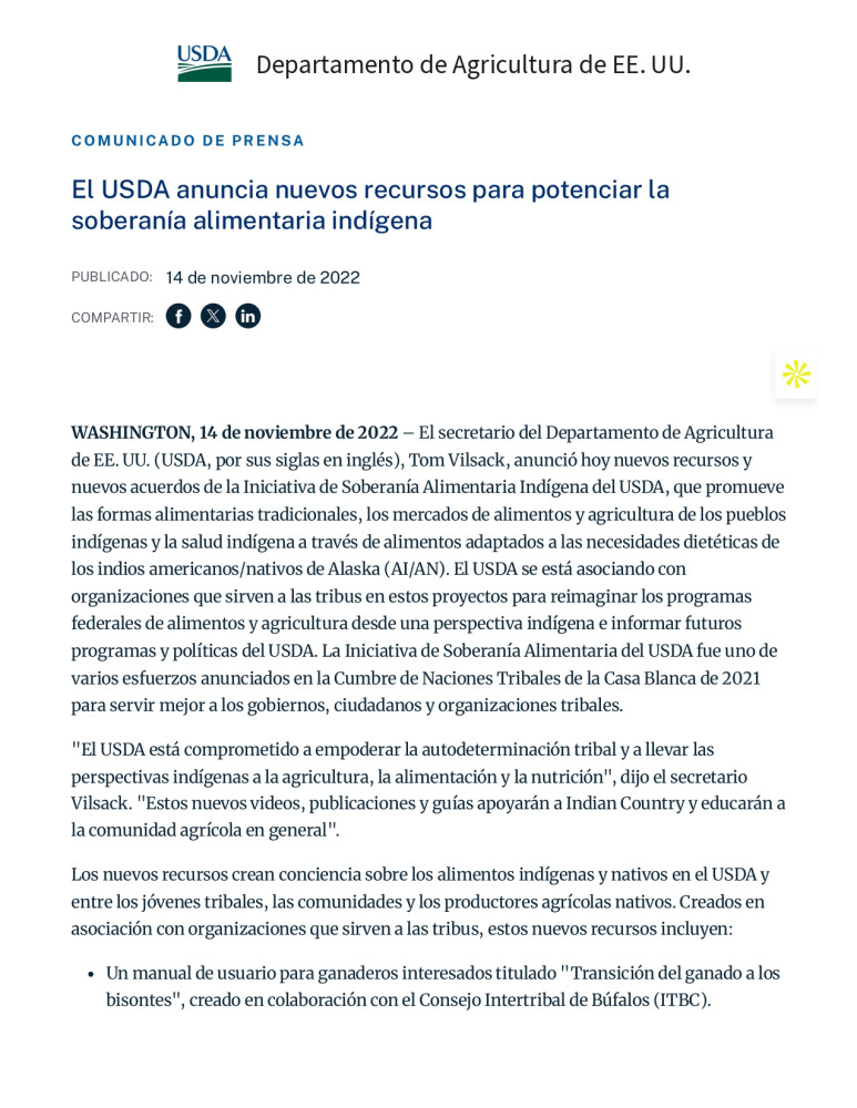 USDA Anuncia Nuevos Recursos para Fortalecer la Soberanía Alimentaria Indígena