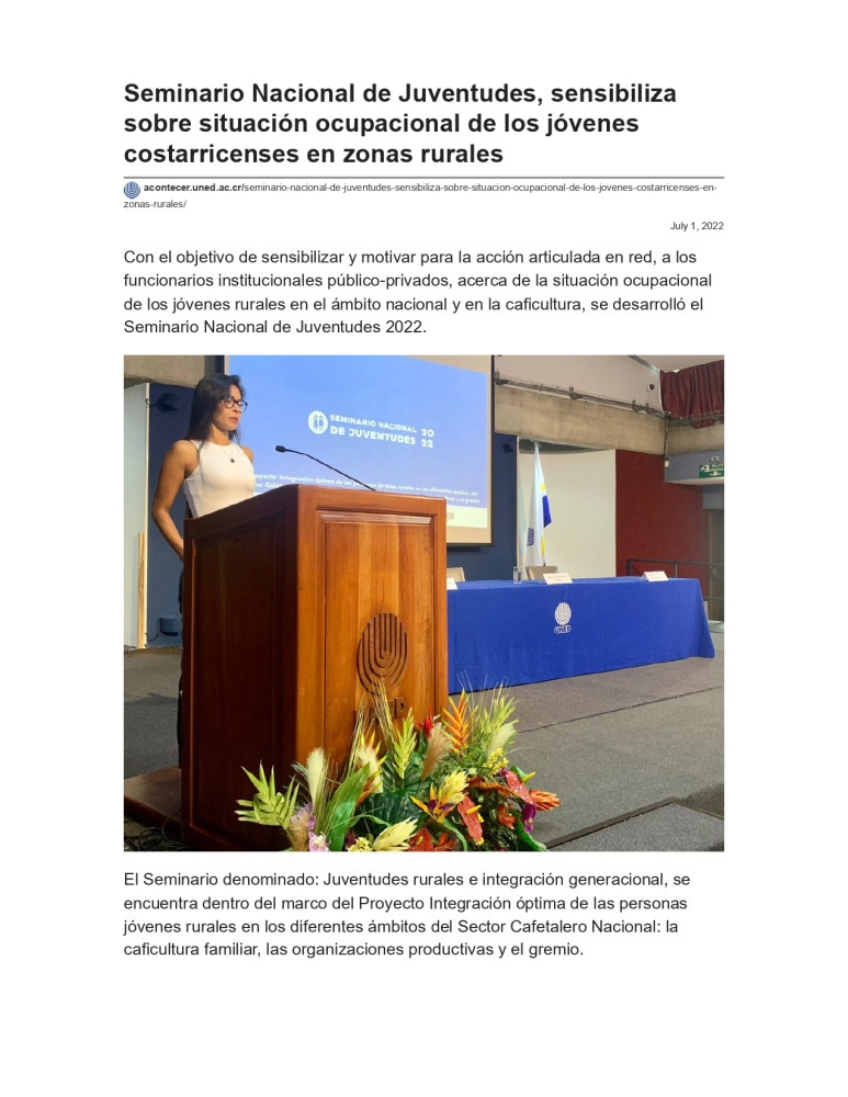 Seminario Nacional de Juventudes sensibiliza sobre situación ocupacional de los jóvenes costarricenses en zonas rurales