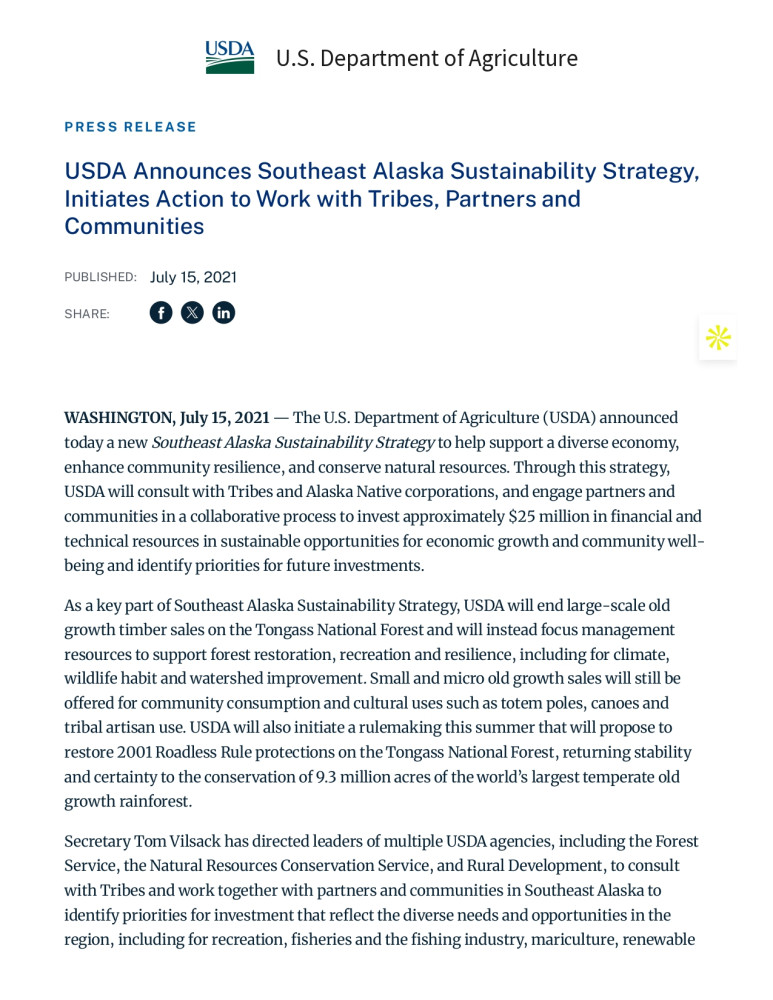 Estrategia de Sostenibilidad para el Sudeste de Alaska del USDA