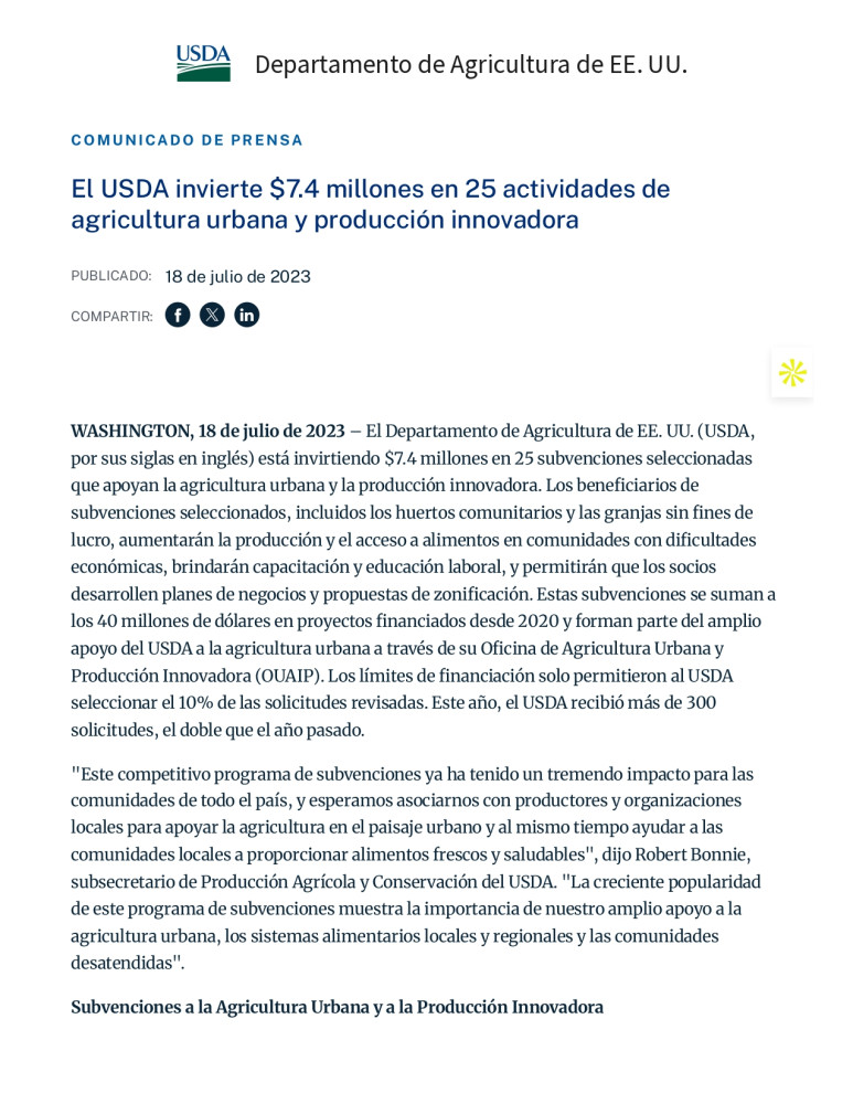 El USDA invierte 7.4 millones de dólares en 25 proyectos de agricultura urbana y producción innovadora