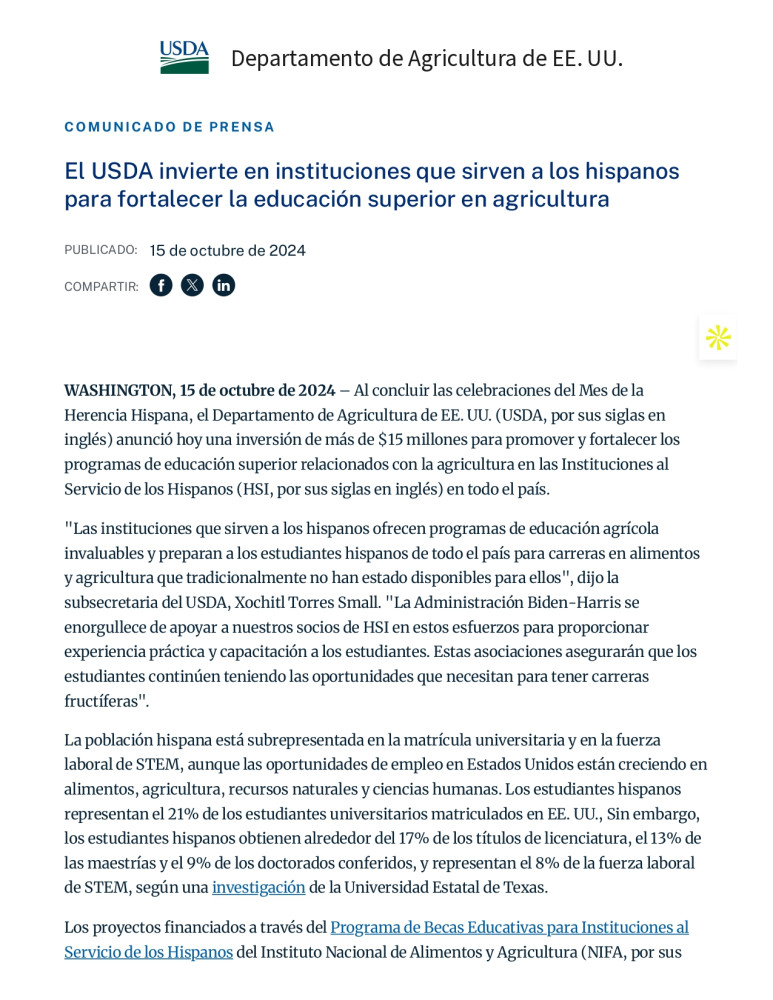 USDA invierte en instituciones que sirven a hispanos para fortalecer la educación superior en agricultura