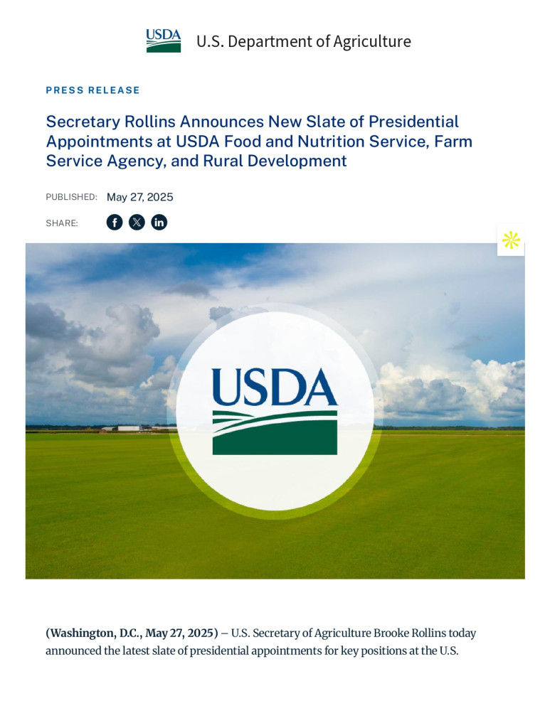 Anuncios de Nuevos Nombramientos Presidenciales en el USDA por la Secretaria Rollins