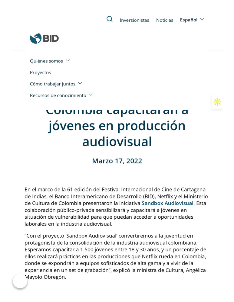 BID, Netflix y gobierno de Colombia capacitarán a jóvenes en producción audiovisual