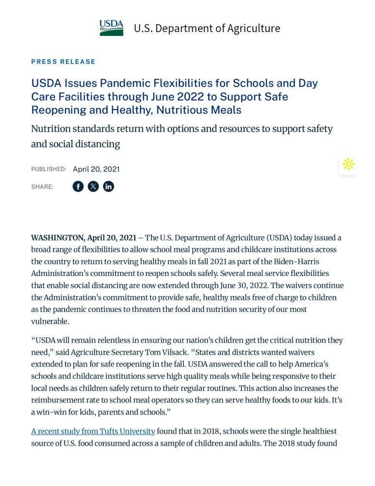 USDA emite flexibilidades por la pandemia para escuelas e instalaciones de cuidado infantil hasta junio de 2022