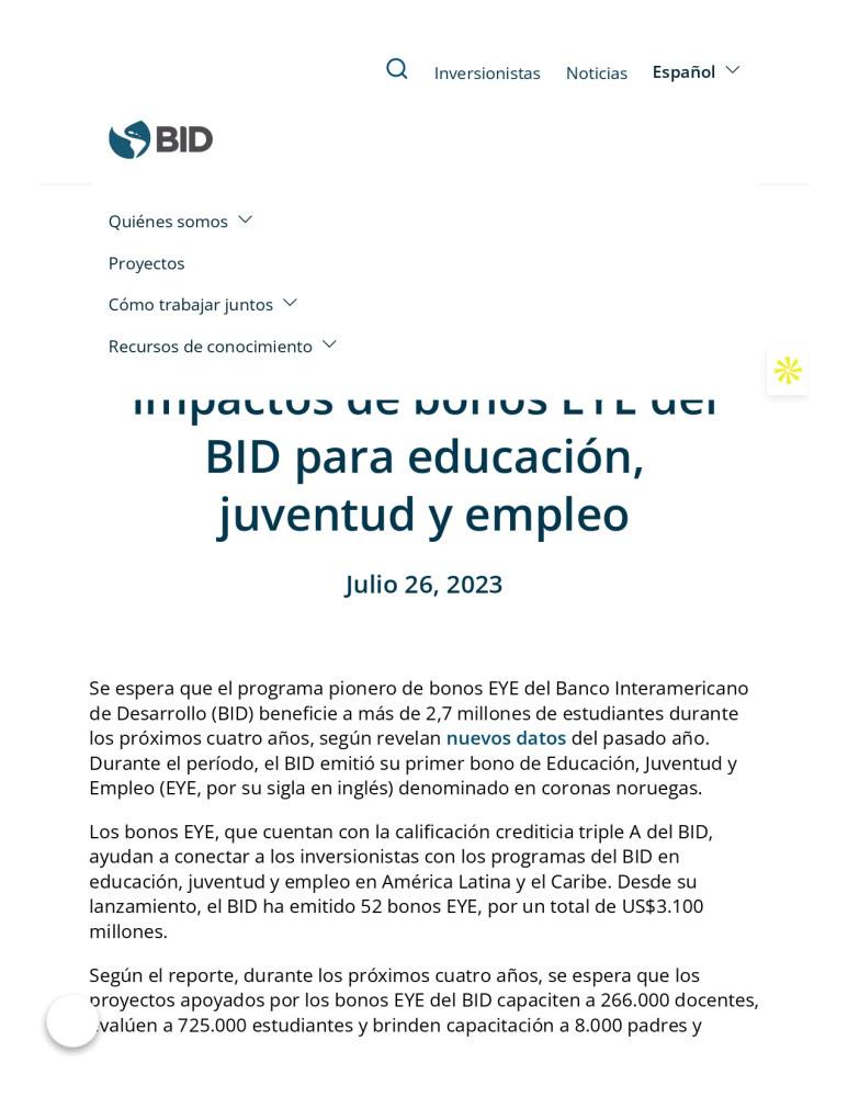 Nuevos datos destacan impactos de bonos EYE del BID para educación, juventud y empleo