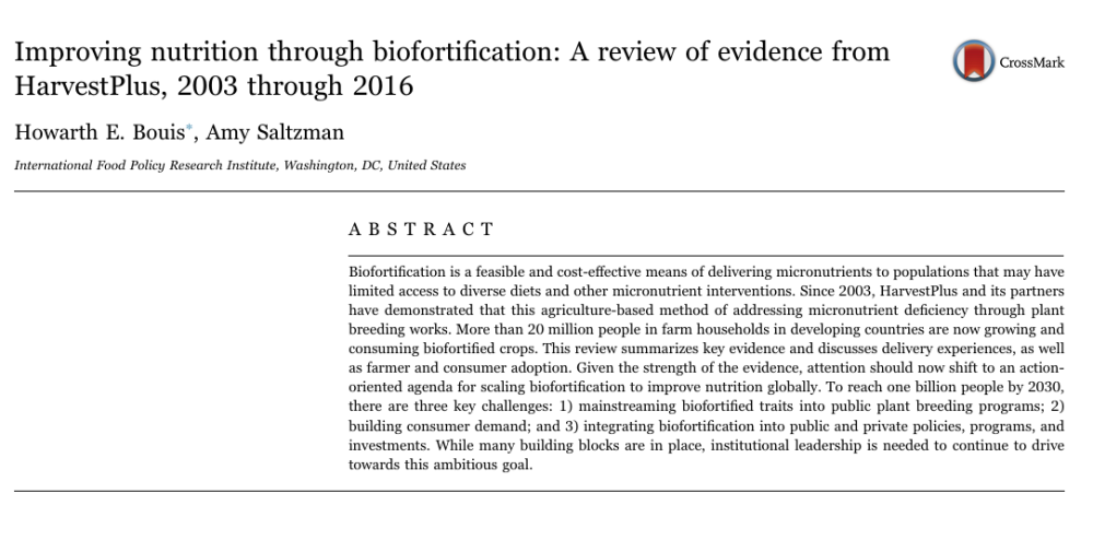 Mejorando la nutrición a través de la biofortificación: Una revisión de evidencia de HarvestPlus, 2003 a 2016