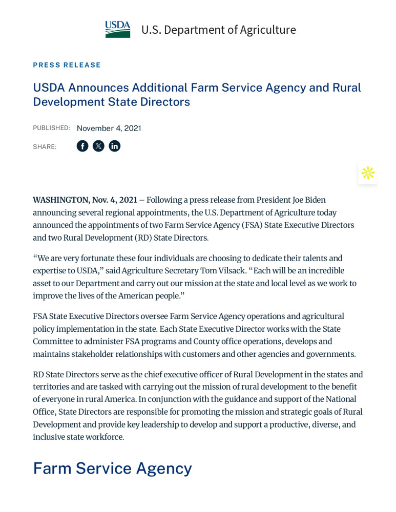 Nombramientos del USDA de Nuevos Directores Estatales del FSA y Desarrollo Rural