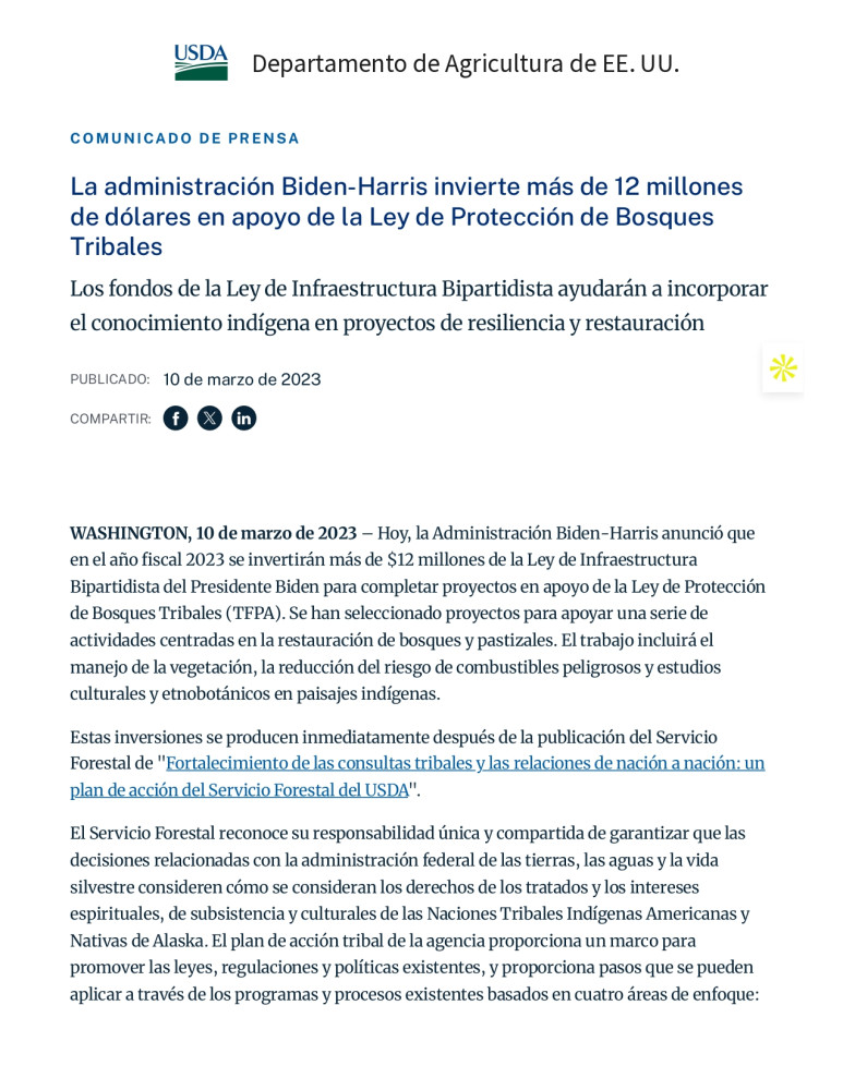 Administración Biden-Harris Invierte Más de 12 Millones de Dólares para Apoyar la Ley de Protección de Bosques Tribales
