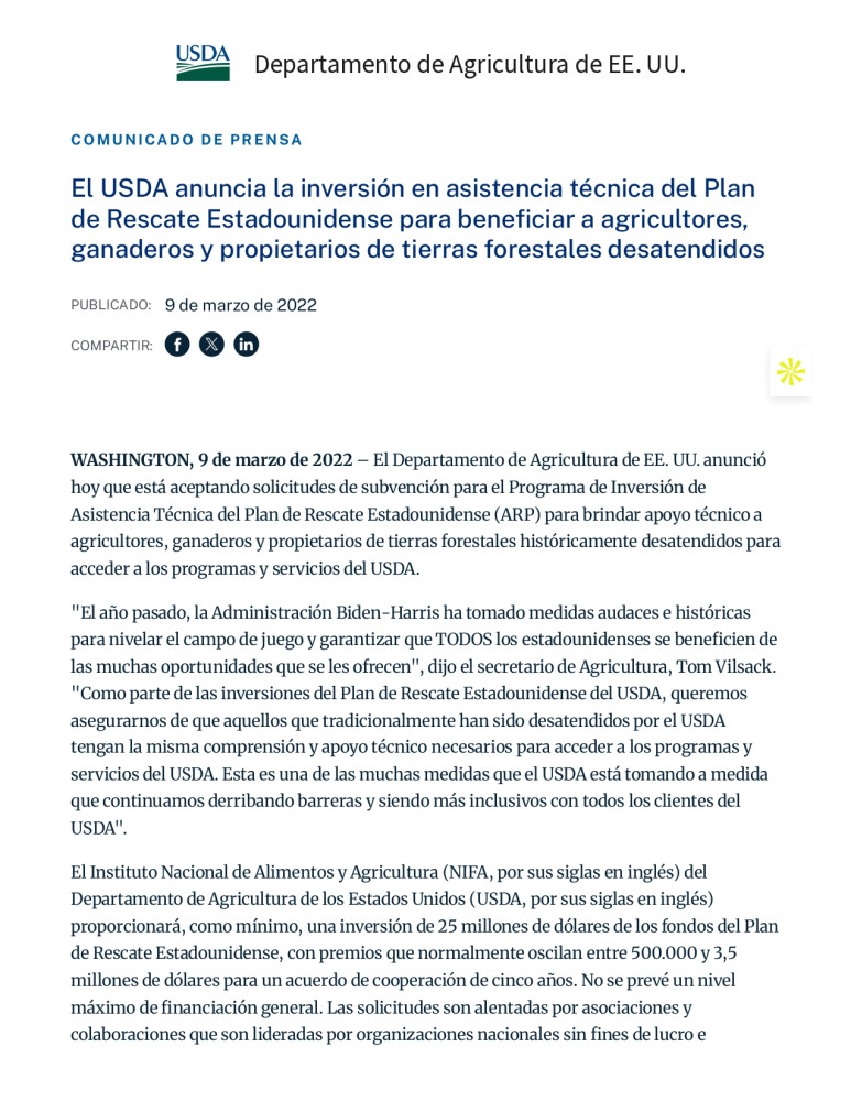 USDA anuncia inversión del Plan de Rescate Americano en asistencia técnica para beneficiar a agricultores, ganaderos y propietarios de tierras forestales desatendidos