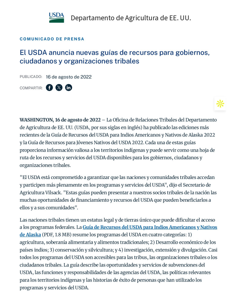 USDA anuncia nuevas guías de recursos para gobiernos, ciudadanos y organizaciones tribales