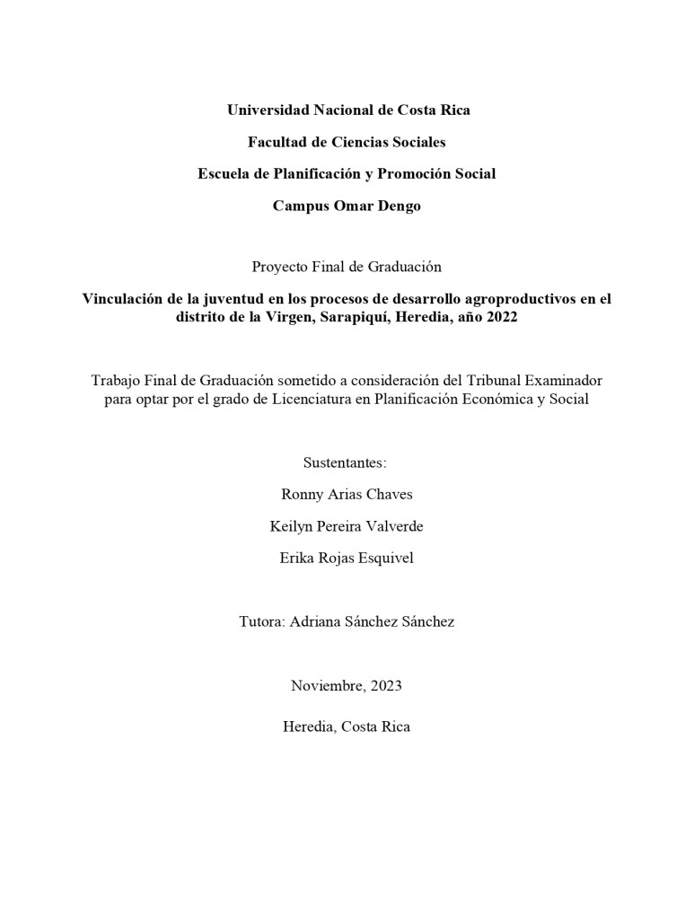 Youth Engagement in Agro-Productive Development Processes in La Virgen District, Sarapiquí, Heredia, Year 2022