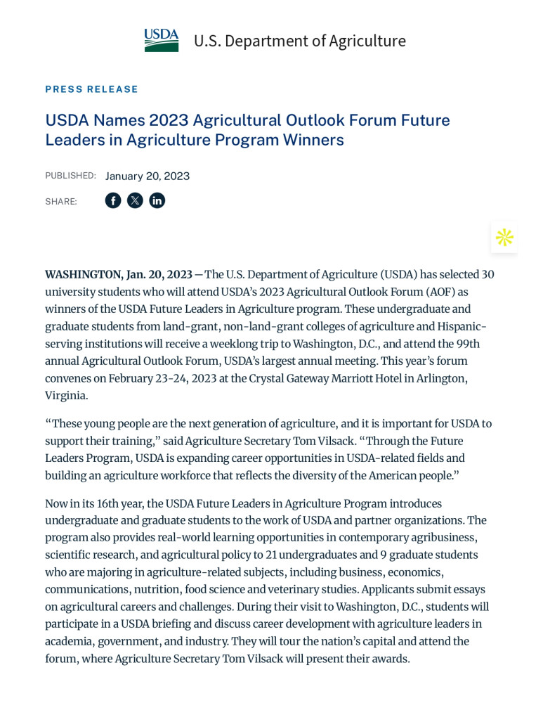 USDA reconoce a los futuros líderes de la agricultura en el Agricultural Outlook Forum 2023