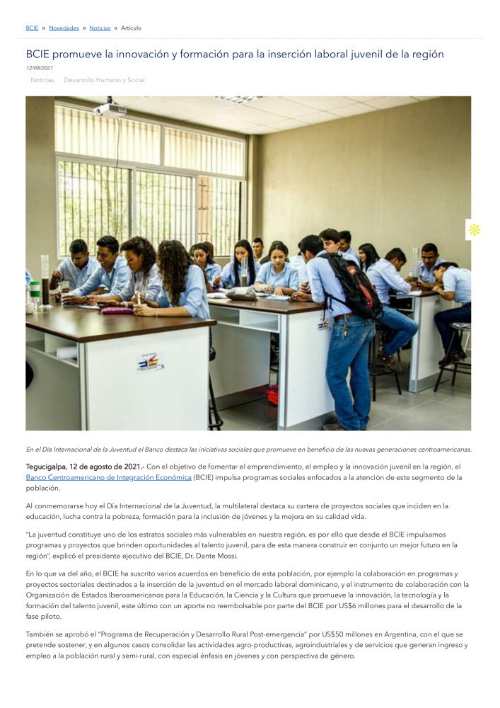 BCIE promueve la innovación y formación para la inserción laboral juvenil de la región