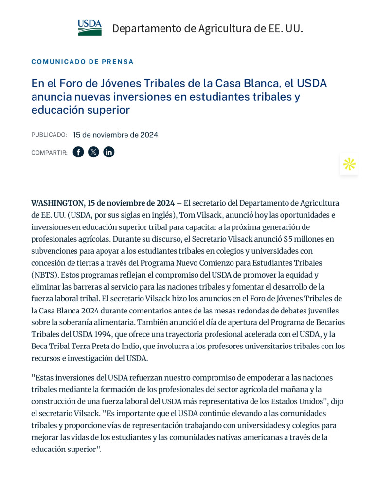 En el Foro de Jóvenes Tribales de la Casa Blanca, el USDA anuncia nuevas inversiones en estudiantes tribales y educación superior