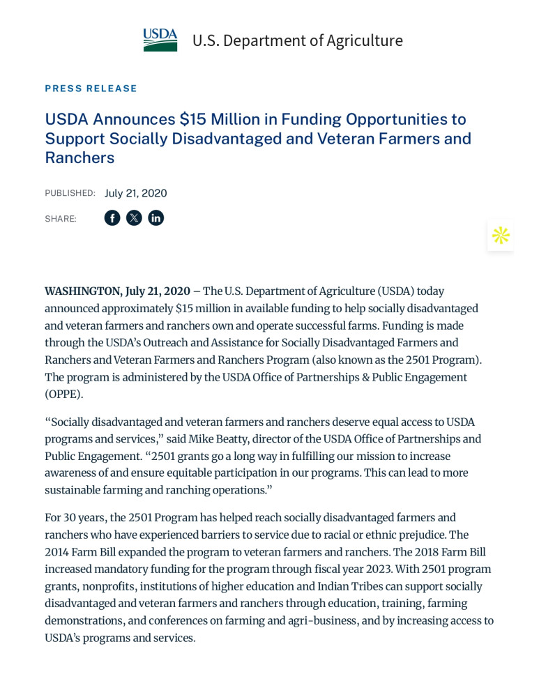 Financiamiento del USDA para Agricultores Desfavorecidos y Veteranos