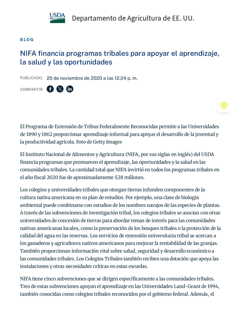 NIFA financia programas tribales para apoyar el aprendizaje, la salud y las oportunidades