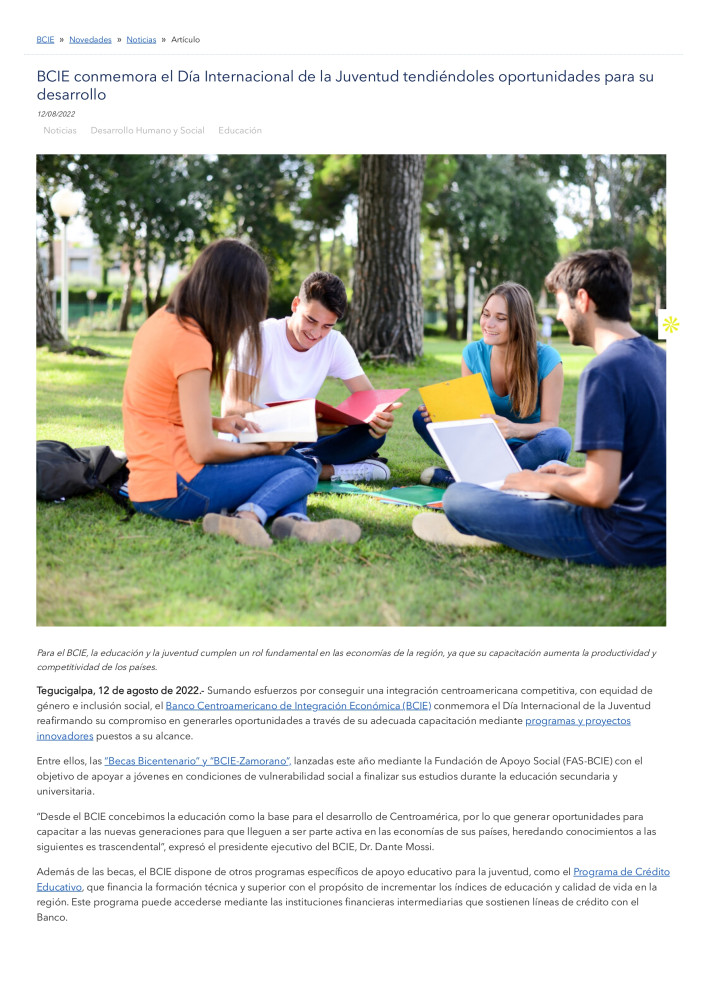 BCIE conmemora el Día Internacional de la Juventud tendiéndoles oportunidades para su desarrollo