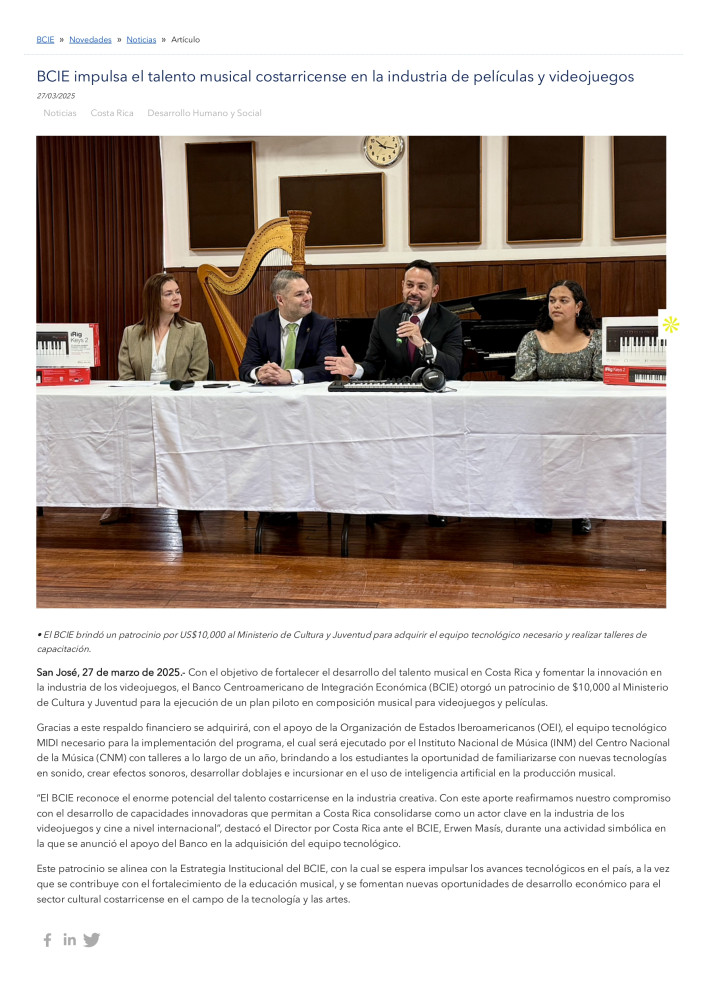 BCIE impulsa el talento musical costarricense en la industria de películas y videojuegos